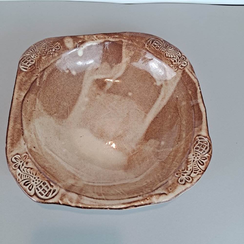 Pottery Bowl Serving Dish with Embossed Corners Signed